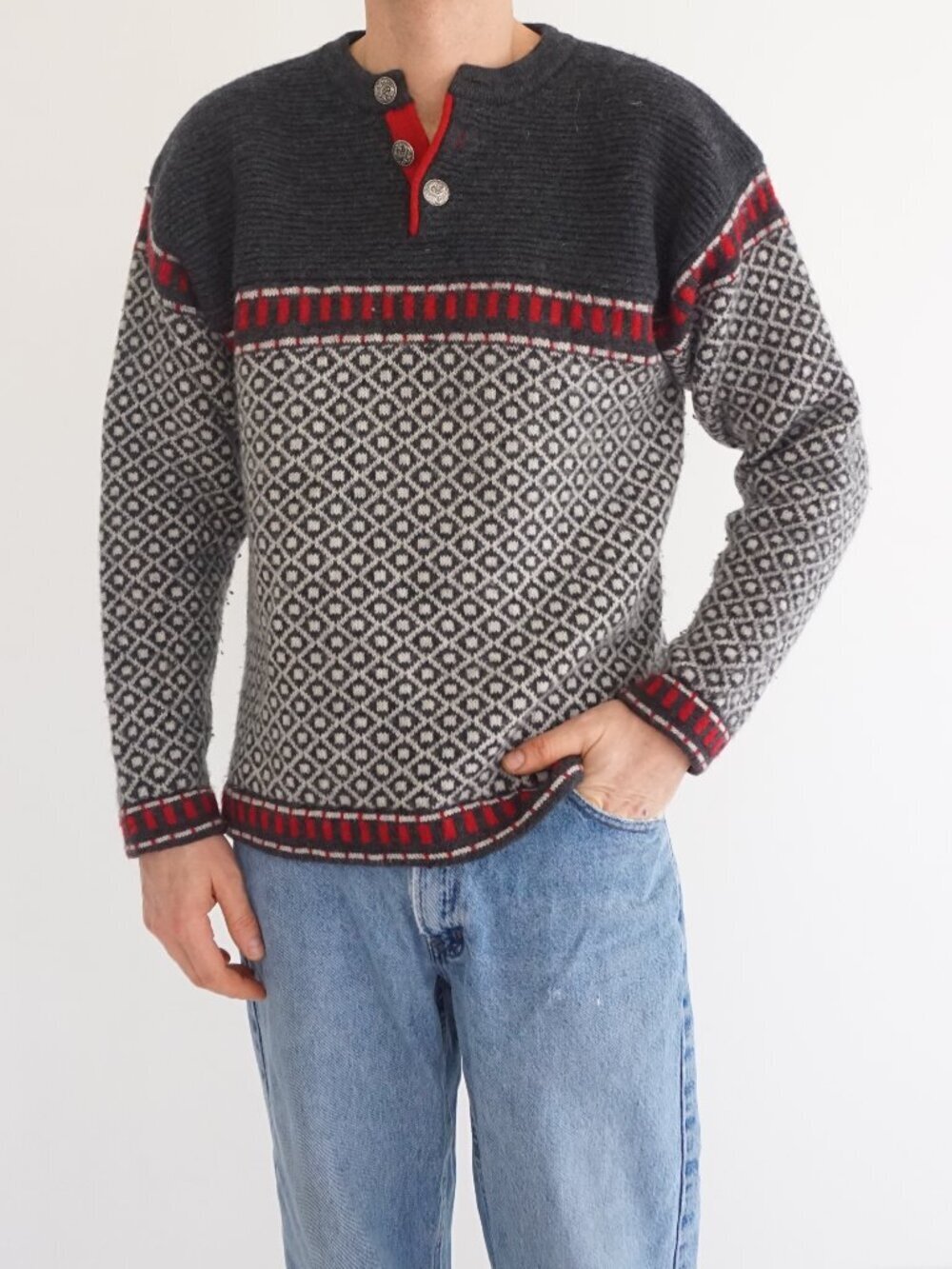 Norwegian Gray Nordic Diamond Pattern Button Neck 100% Wool Sweater Pullover M